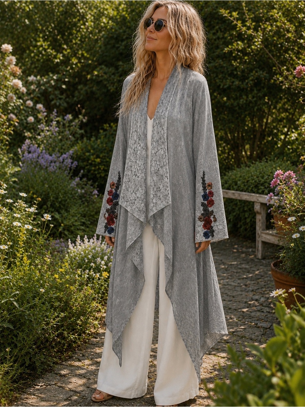 Aratta XL Light Gray Draped Cardigan Sweater  Floral Sleeve Embroidery GB001